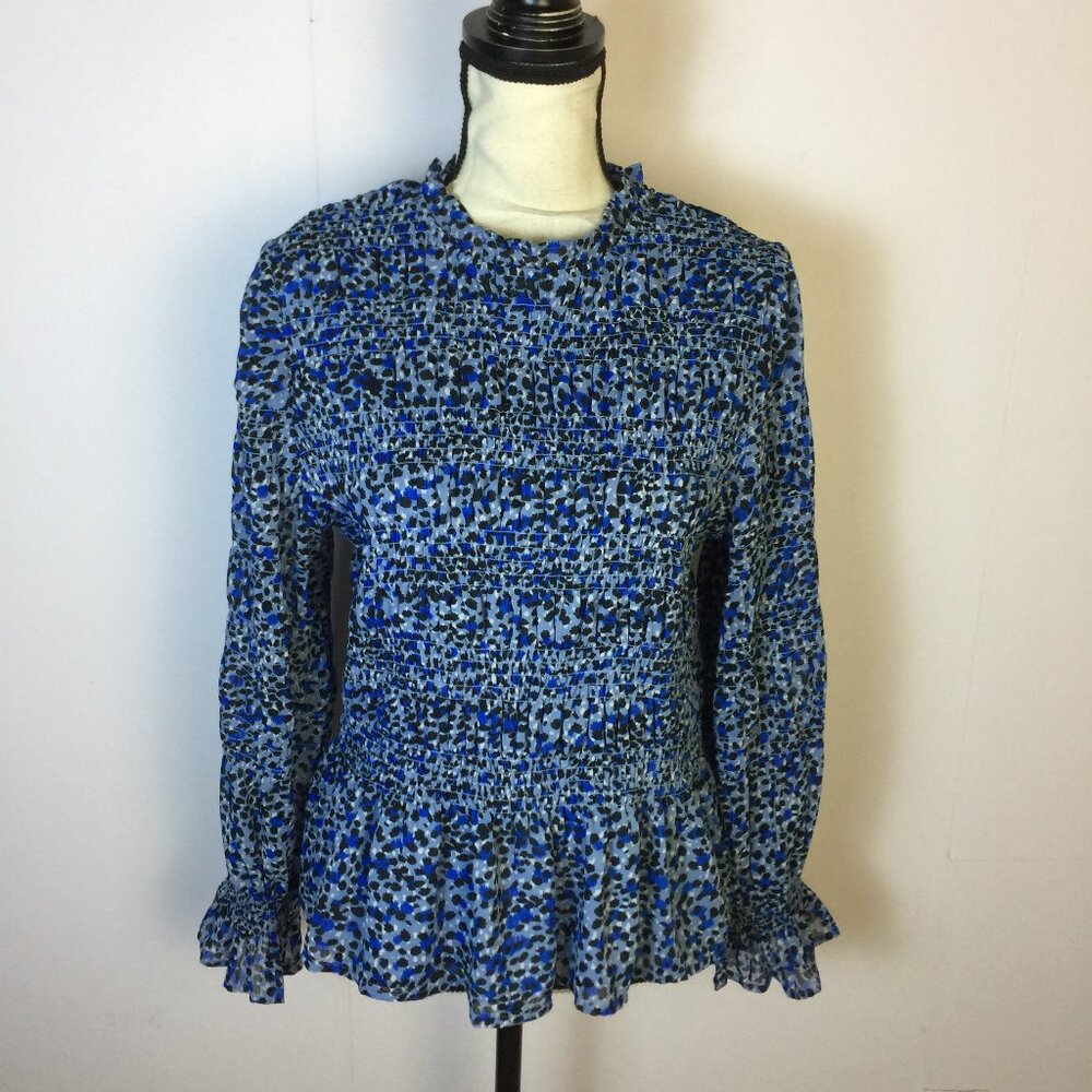 Express Smocked Blouse Top Size L Womans Blue Printed Long Sleeve Ruffle Lined
